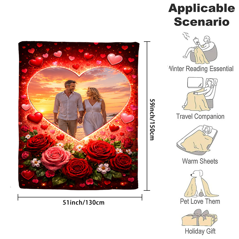 Red Rose Photo Flannel Blanket, Customizable Design
